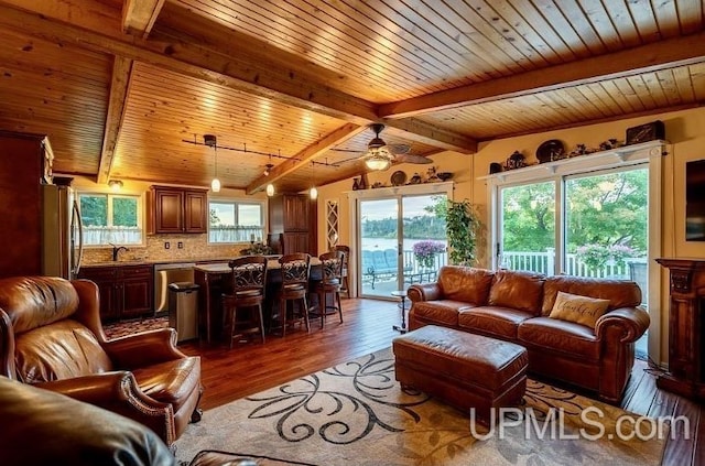 18918 Canal Rd, Houghton, MI 49931 - living room featuring wood finished floors, wood ceiling, and ceiling fan