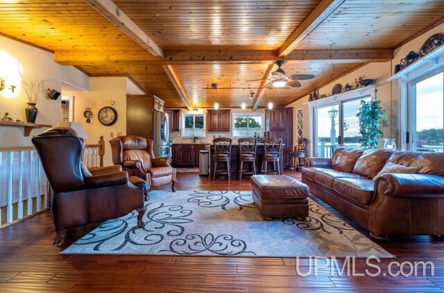 18918 Canal Rd, Houghton, MI 49931 - living room with wooden ceiling, healthy amount of natural light, dark wood-style floors, beamed ceiling, and a ceiling fan