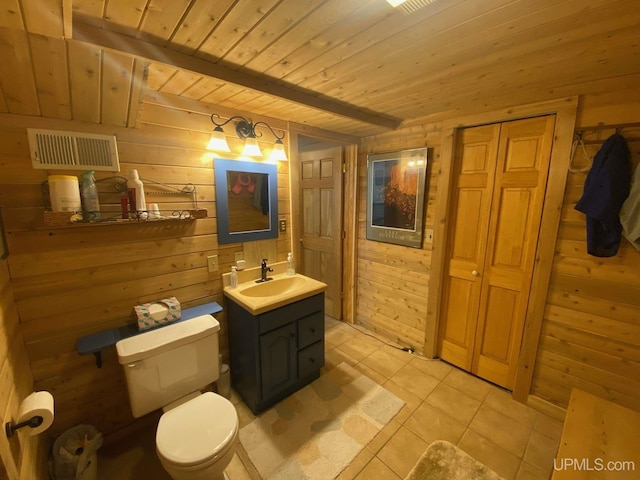 18918 Canal Rd, Houghton, MI 49931 - bathroom featuring wood walls, wood ceiling, toilet, tile patterned flooring, and vanity