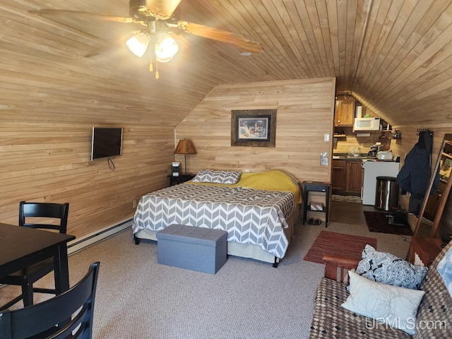 18918 Canal Rd, Houghton, MI 49931 - bedroom with baseboard heating, wooden walls, vaulted ceiling, carpet flooring, and ceiling fan