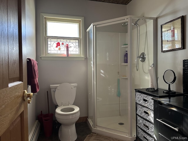 9014 Stagecoach Q.5 Ave, Gladstone, MI 49837 - bathroom featuring a baseboard heating unit, a shower stall, toilet, and tile patterned floors