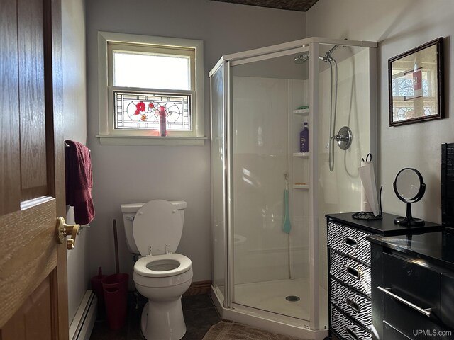 9014 Stagecoach Q.5 Ave, Gladstone, MI 49837 - full bath with a baseboard radiator, a stall shower, toilet, and tile patterned flooring