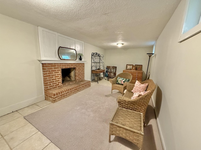 555 W Saxton Rd, Sanford, MI 48657 - tiled living area with a textured ceiling, baseboards, and a brick fireplace