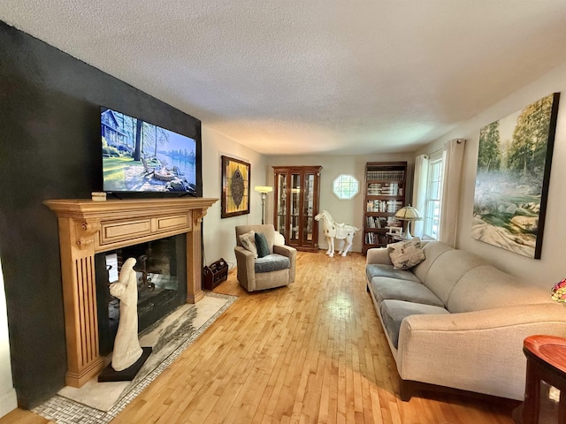 555 W Saxton Rd, Sanford, MI 48657 - living area featuring light wood-type flooring, a textured ceiling, and a fireplace with flush hearth