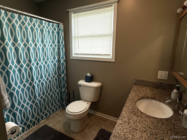 1300 W Sharon Ave, Houghton, MI 49931 - bathroom featuring baseboards, toilet, tile patterned floors, a shower with curtain, and vanity
