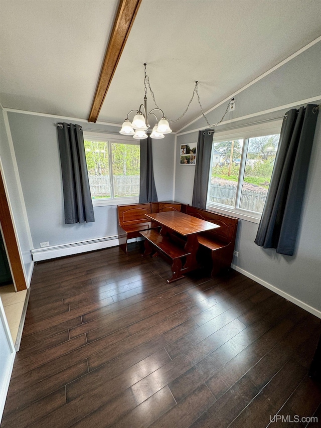 900 Wabash St, Ishpeming, MI 49849 - dining room featuring a baseboard heating unit, a chandelier, hardwood / wood-style floors, baseboards, and breakfast area