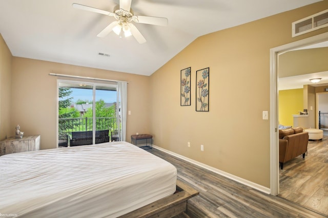 bedroom with access to outside, wood finished floors, lofted ceiling, baseboards, and a ceiling fan