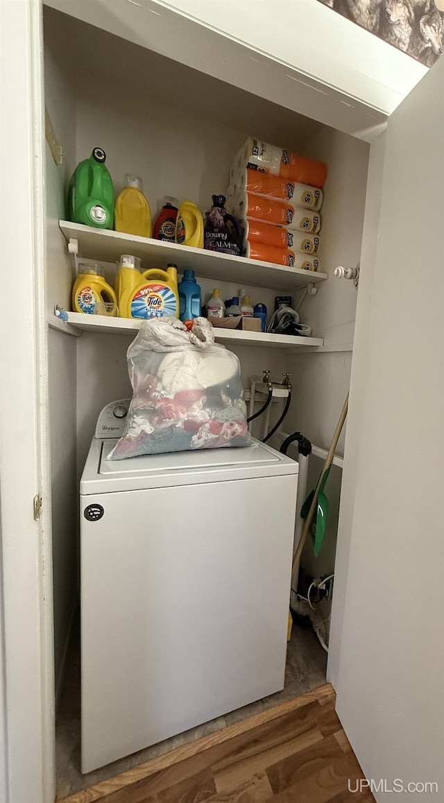 99 N Mitchell St, Gwinn, MI 49841 - laundry area featuring washer / clothes dryer and wood finished floors