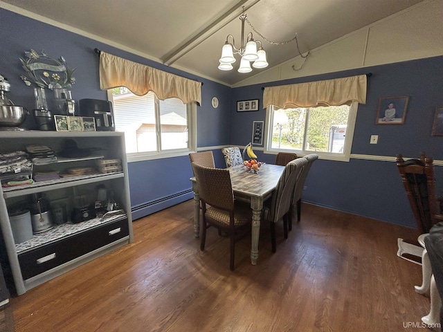 381 Mangum Rd, Marquette, MI 49855 - dining room featuring lofted ceiling, a baseboard heating unit, a chandelier, plenty of natural light, and wood finished floors