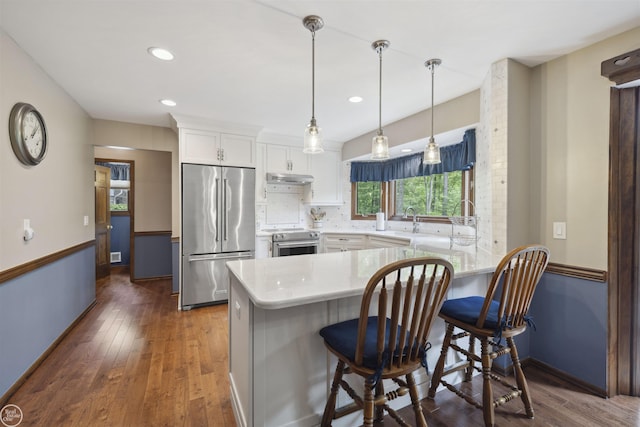 53638 Sherwood Ln, Shelby Twp, MI 48315 - kitchen with stainless steel appliances, a peninsula, under cabinet range hood, white cabinetry, and light countertops