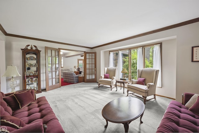 53638 Sherwood Ln, Shelby Twp, MI 48315 - living area with french doors, carpet, ornamental molding, and baseboards