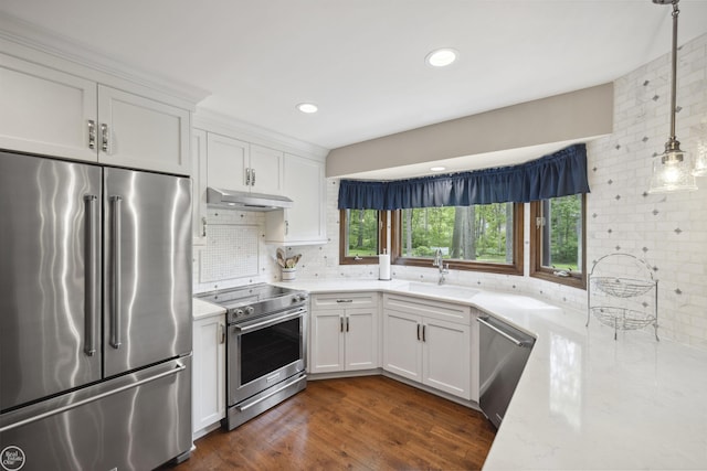 53638 Sherwood Ln, Shelby Twp, MI 48315 - kitchen featuring stainless steel appliances, a sink, under cabinet range hood, white cabinetry, and tasteful backsplash