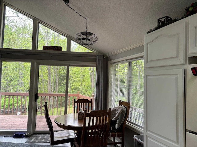 2913 W Howard Rd, Beaverton, MI 48612 - dining space with a textured ceiling, crown molding, healthy amount of natural light, and lofted ceiling