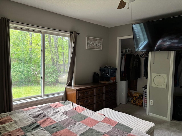 2913 W Howard Rd, Beaverton, MI 48612 - carpeted bedroom featuring multiple windows, a closet, ceiling fan, baseboards, and a textured ceiling