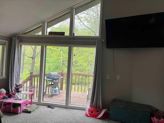 2913 W Howard Rd, Beaverton, MI 48612 - doorway to outside featuring carpet floors and lofted ceiling