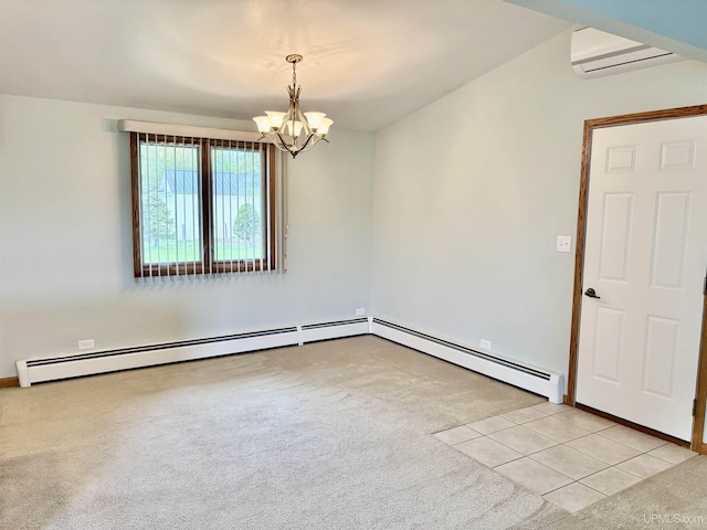 725 N Luxmore St, Ironwood, MI 49938 - empty room featuring a chandelier, a wall unit AC, a baseboard heating unit, and light colored carpet