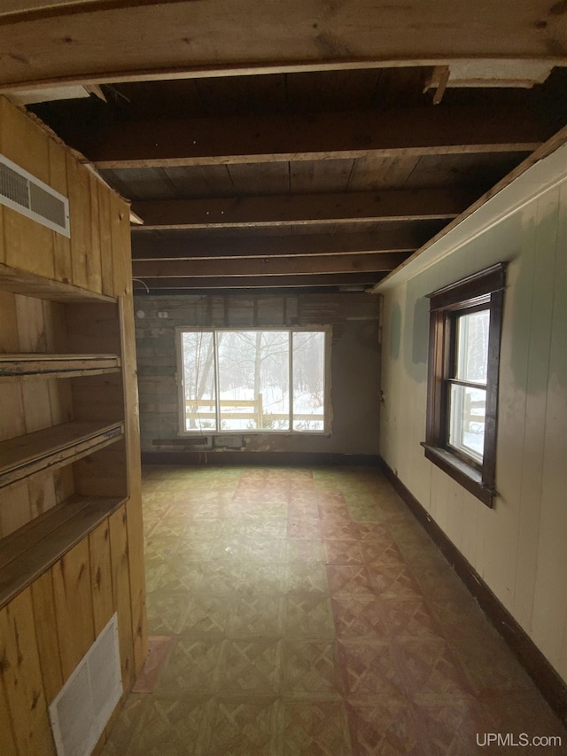 485 County Road Paj Rd, Ishpeming, MI 49849 - spare room with beam ceiling, light floors, and wooden walls