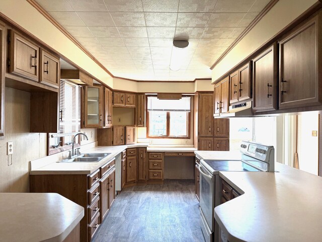 7161 W Sterling Rd, Sterling, MI 48659 - kitchen featuring white electric stove, a sink, dark wood-type flooring, ornamental molding, and light countertops