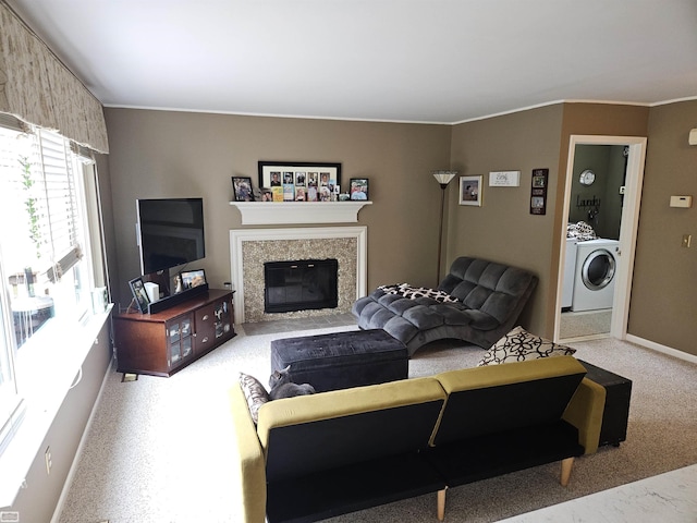 4324 Clear Creek Ct, Oakland Twp, MI 48306 - living room featuring a tile fireplace, crown molding, and baseboards