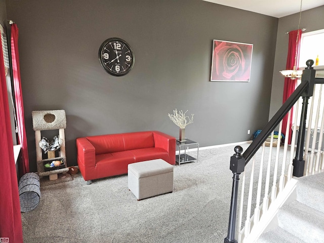 4324 Clear Creek Ct, Oakland Twp, MI 48306 - carpeted living room featuring stairway and baseboards