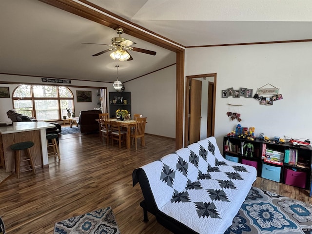 93 E Johnson Lake Rd, Gwinn, MI 49841 - living room featuring vaulted ceiling, dark wood-type flooring, and a ceiling fan