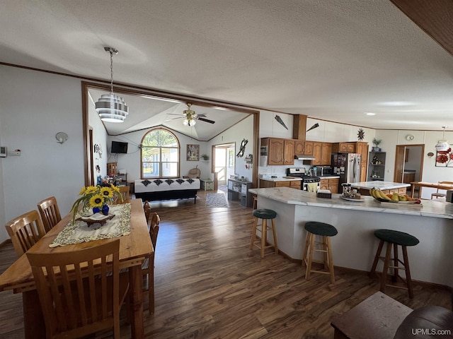 93 E Johnson Lake Rd, Gwinn, MI 49841 - kitchen featuring appliances with stainless steel finishes, dark wood-style flooring, a textured ceiling, a kitchen breakfast bar, and a ceiling fan