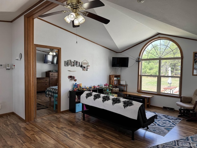 93 E Johnson Lake Rd, Gwinn, MI 49841 - living area with a ceiling fan, lofted ceiling, wood finished floors, baseboards, and ornamental molding