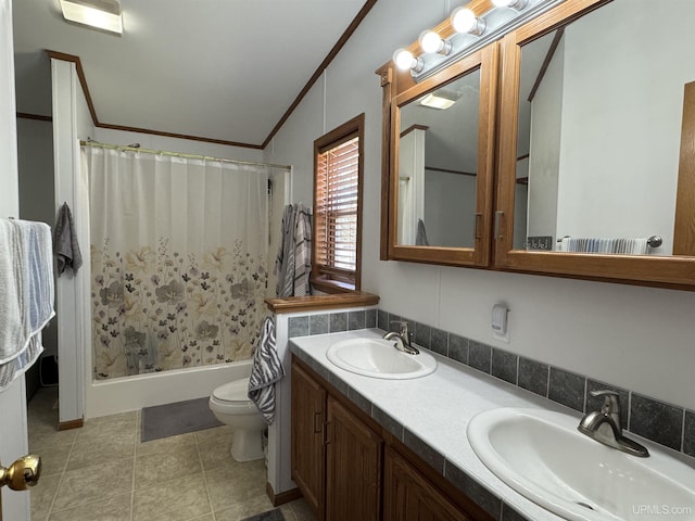 93 E Johnson Lake Rd, Gwinn, MI 49841 - full bathroom featuring crown molding, toilet, shower / bathtub combination with curtain, double vanity, and tile patterned floors