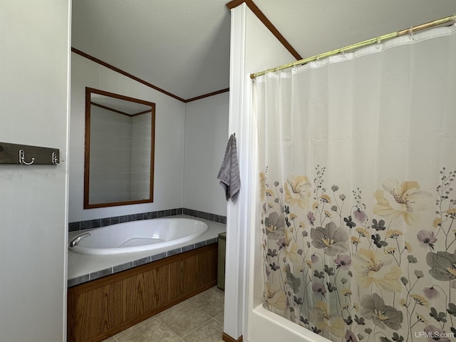 93 E Johnson Lake Rd, Gwinn, MI 49841 - full bathroom featuring lofted ceiling, a tub to relax in, tile patterned floors, curtained shower, and crown molding