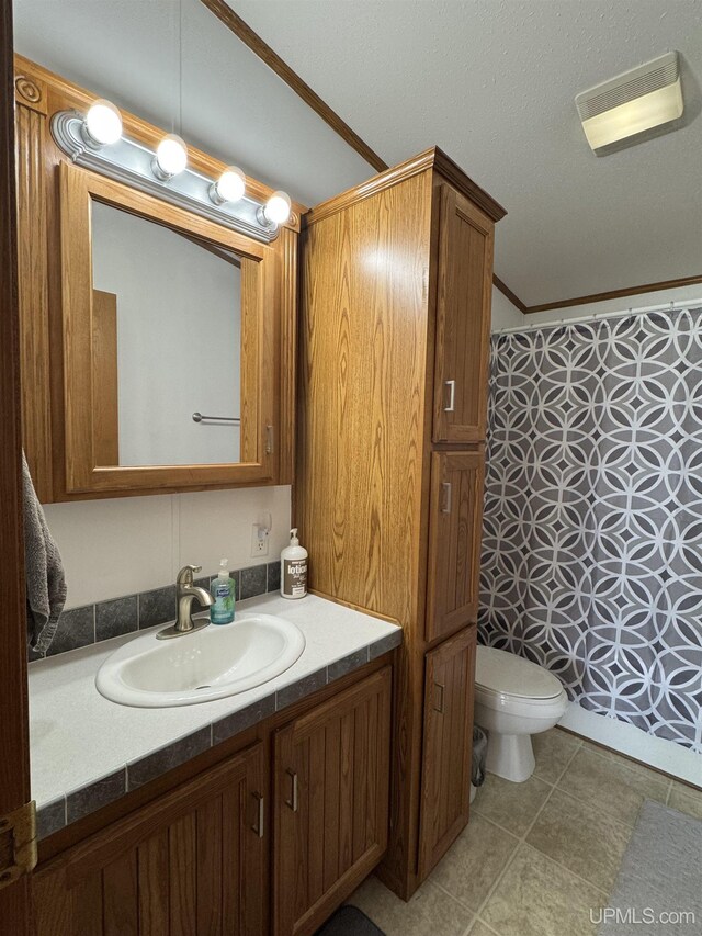93 E Johnson Lake Rd, Gwinn, MI 49841 - full bathroom with a shower with shower curtain, vanity, toilet, and ornamental molding