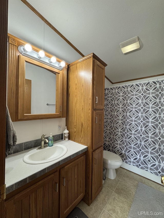 93 E Johnson Lake Rd, Gwinn, MI 49841 - full bathroom with a shower with shower curtain, vanity, toilet, and crown molding