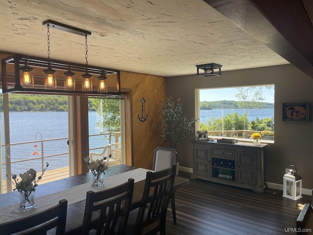 52170 Canal Rd, Houghton, MI 49931 - dining area with wooden walls, baseboards, dark wood-type flooring, and a water view