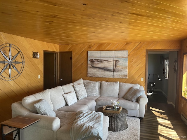 52170 Canal Rd, Houghton, MI 49931 - living room featuring wood ceiling, wooden walls, wood finished floors, and baseboards
