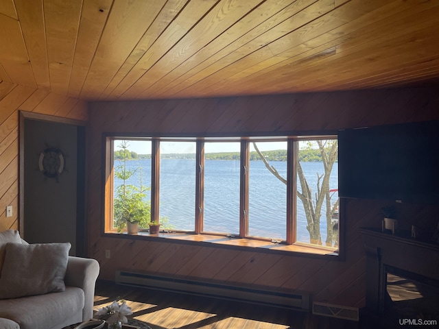 52170 Canal Rd, Houghton, MI 49931 - living area featuring wood ceiling, wood walls, wood finished floors, and baseboard heating