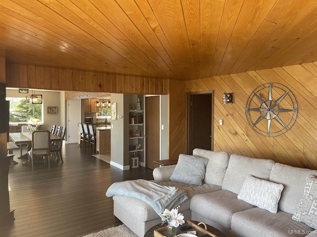 52170 Canal Rd, Houghton, MI 49931 - living area featuring wooden ceiling, wooden walls, and dark wood finished floors