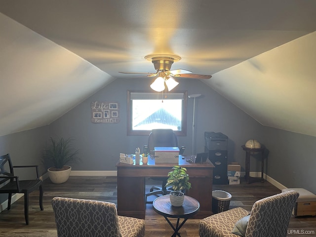 52170 Canal Rd, Houghton, MI 49931 - office featuring wood finished floors, lofted ceiling, a ceiling fan, and baseboards