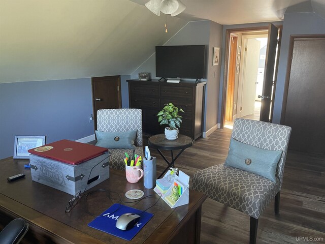 52170 Canal Rd, Houghton, MI 49931 - office with wood finished floors, baseboards, lofted ceiling, and ceiling fan
