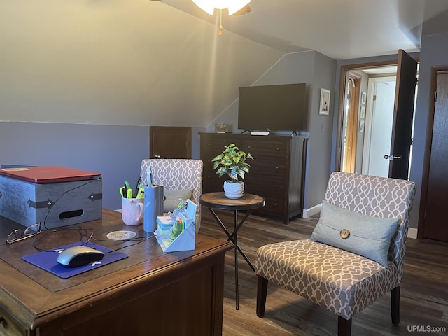 52170 Canal Rd, Houghton, MI 49931 - home office with wood finished floors, vaulted ceiling, and a ceiling fan