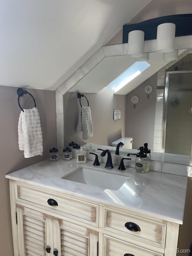 52170 Canal Rd, Houghton, MI 49931 - bathroom with vanity, a stall shower, and lofted ceiling