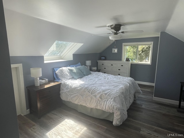 52170 Canal Rd, Houghton, MI 49931 - bedroom featuring dark wood-style flooring, vaulted ceiling, baseboards, and a ceiling fan