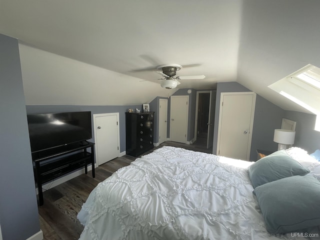 52170 Canal Rd, Houghton, MI 49931 - bedroom with lofted ceiling, dark wood finished floors, a ceiling fan, and baseboards