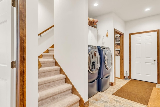 3905 Lakeshore Rd, Lexington, MI 48450 - washroom with washing machine and clothes dryer, recessed lighting, brick patterned flooring, and baseboards