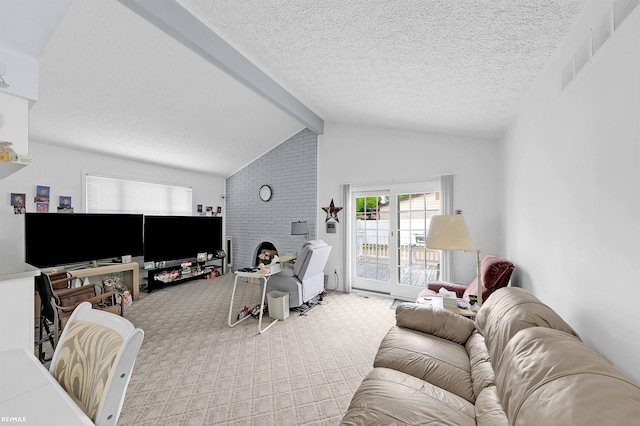 37601 Dartmouth Dr, Sterling Heights, MI 48310 - carpeted living area with a brick fireplace and a textured ceiling