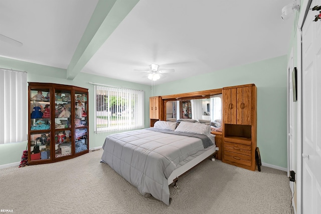 37601 Dartmouth Dr, Sterling Heights, MI 48310 - bedroom featuring light colored carpet, baseboards, ceiling fan, and beam ceiling
