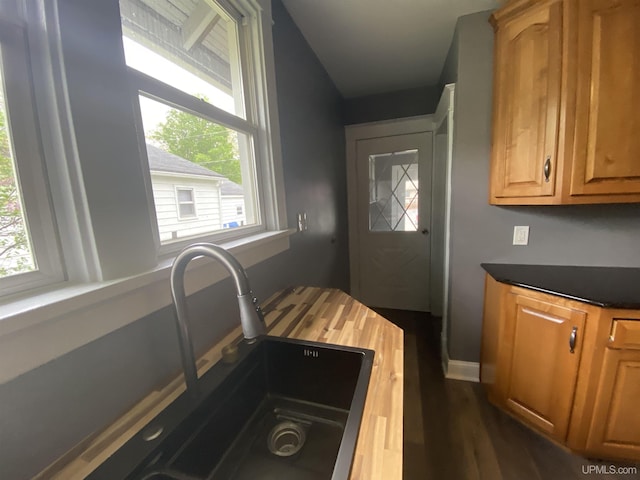 317 Lane Ave, Iron Mountain, MI 49802 - kitchen with healthy amount of natural light, a sink, dark wood-style flooring, and baseboards
