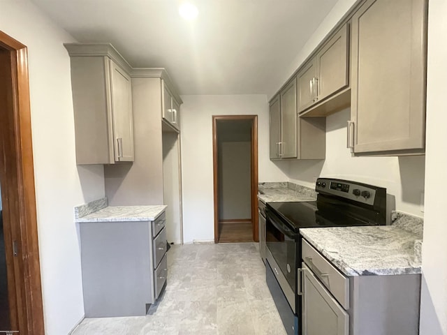 19993 Woodmont St, Harper Woods, MI 48225 - kitchen featuring stainless steel range with electric stovetop and gray cabinetry