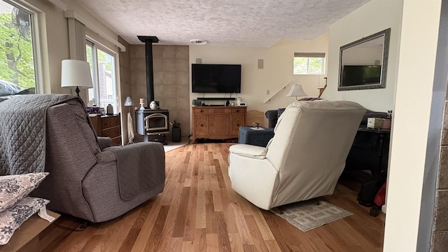 7741 White Birch St, Farwell, MI 48622 - living room featuring a wood stove, light wood-type flooring, and a textured ceiling