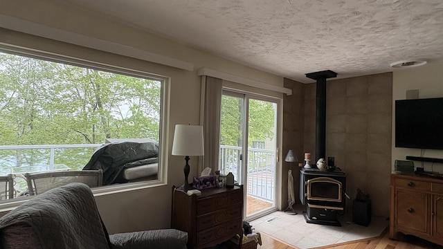 7741 White Birch St, Farwell, MI 48622 - sitting room with a wood stove and a textured ceiling