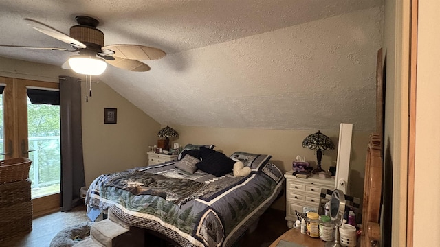 7741 White Birch St, Farwell, MI 48622 - bedroom with a textured ceiling, vaulted ceiling, and ceiling fan