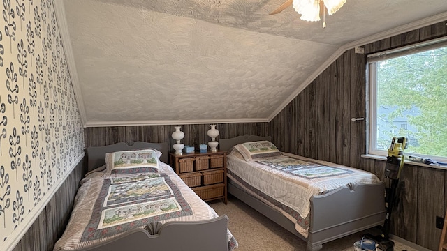 7741 White Birch St, Farwell, MI 48622 - bedroom with lofted ceiling, a textured ceiling, and a ceiling fan